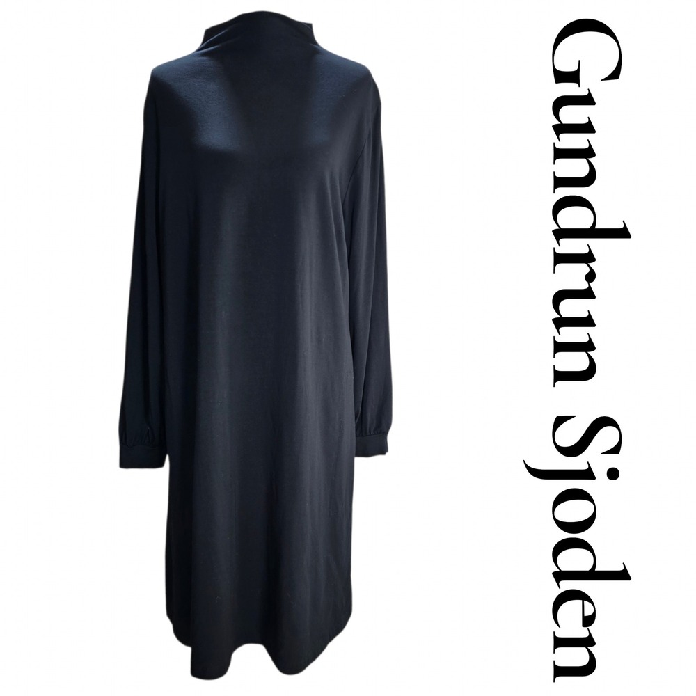 Gudrun Sjoden Dress Womens XL Black Organic Cotton Mock Neck Pockets Lagenlook